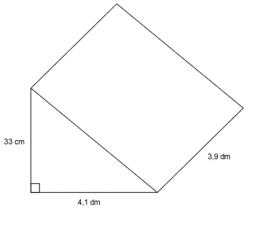 Rett, trekantet prisme med høyde 3,9 dm. Trekanten er rettvinklet og har lengde 33 cm og 4,1 dm på katetene.
